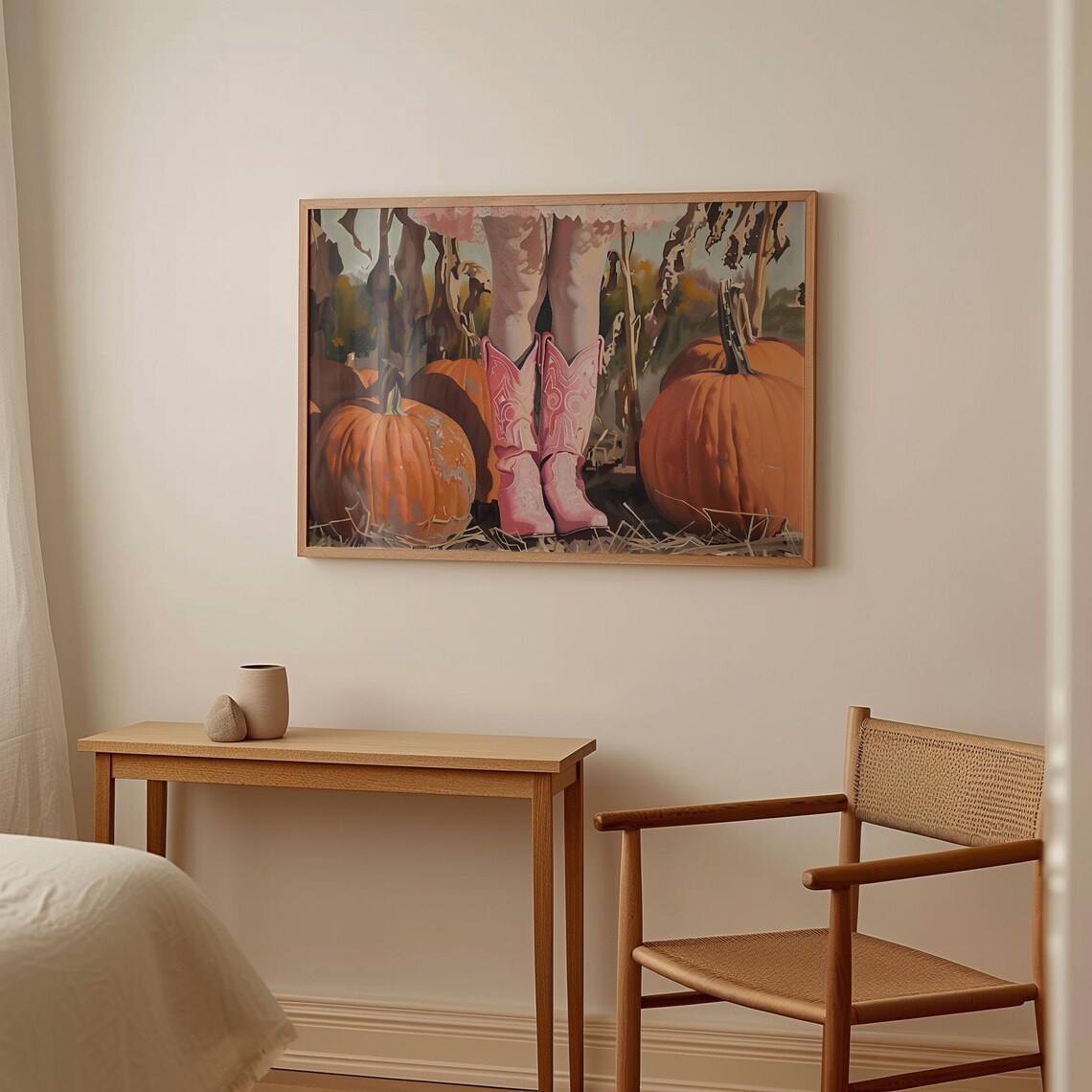 Pink Cowboy Boots in Orange Pumpkin Patch Painting Western Fall Art Print - Image 2