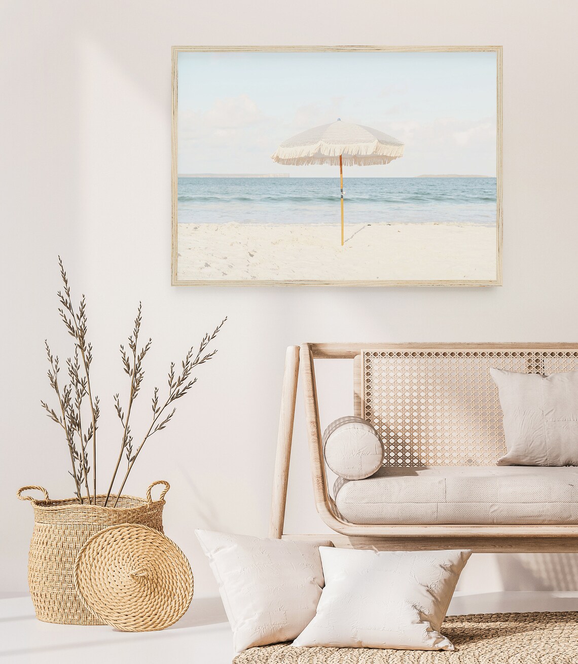 Beige Beach Umbrella Neutral Beach Photography Art Print - Image 2