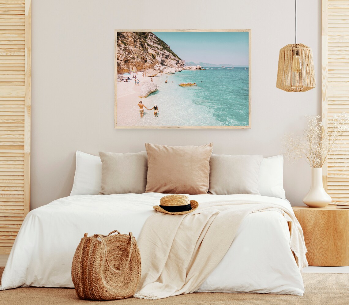 Mediterranean Turquoise Cove Beach Cliffs Couple Sandy Shore Travel Poster - Image 3