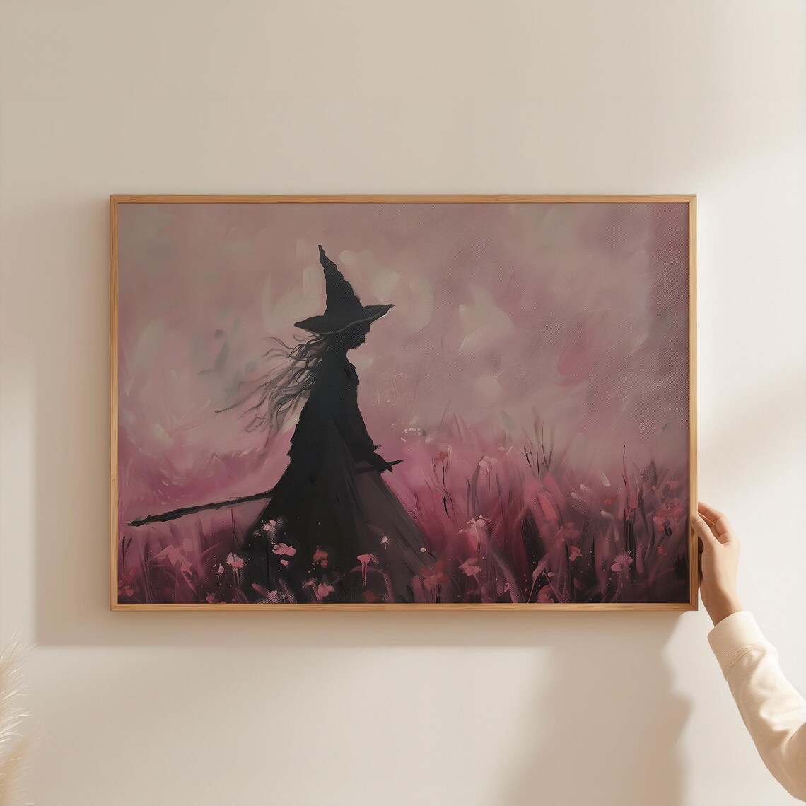 Witch Silhouette in Pink Flower Meadow Painting Moody Halloween Art Print - Image 3