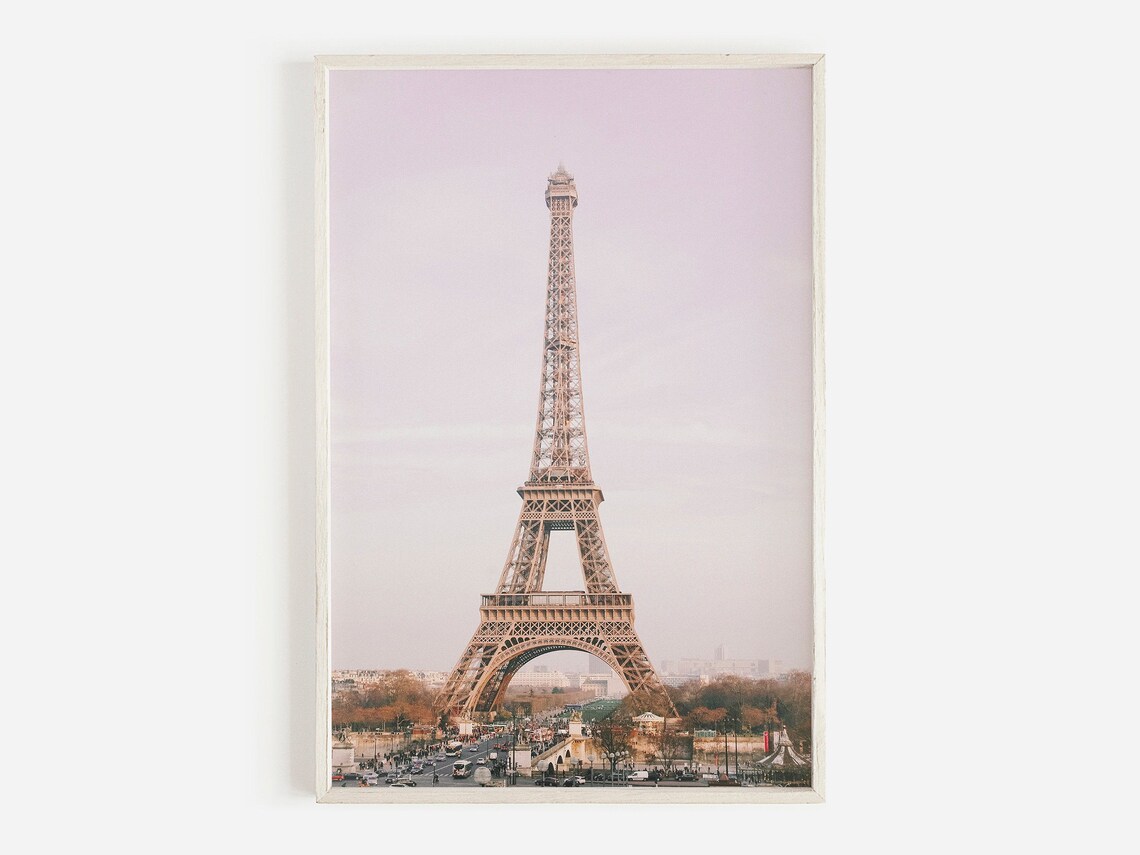 Eiffel Tower Pastel Pink Sky Paris France Romantic City Travel Poster