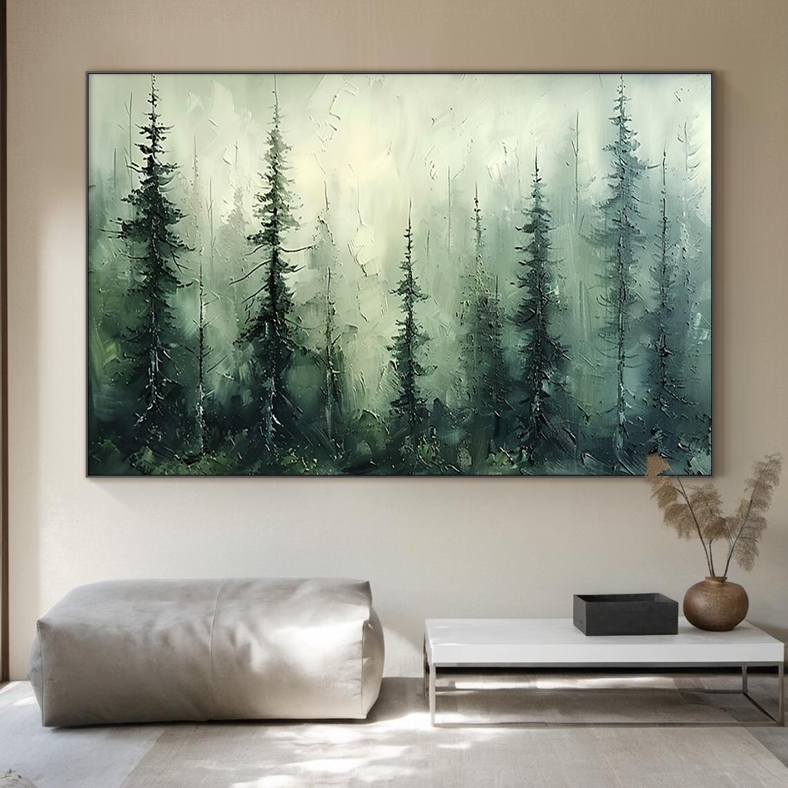 Tall Green Pine Trees Misty Forest Oil Style Nature Living Room Poster - Image 2