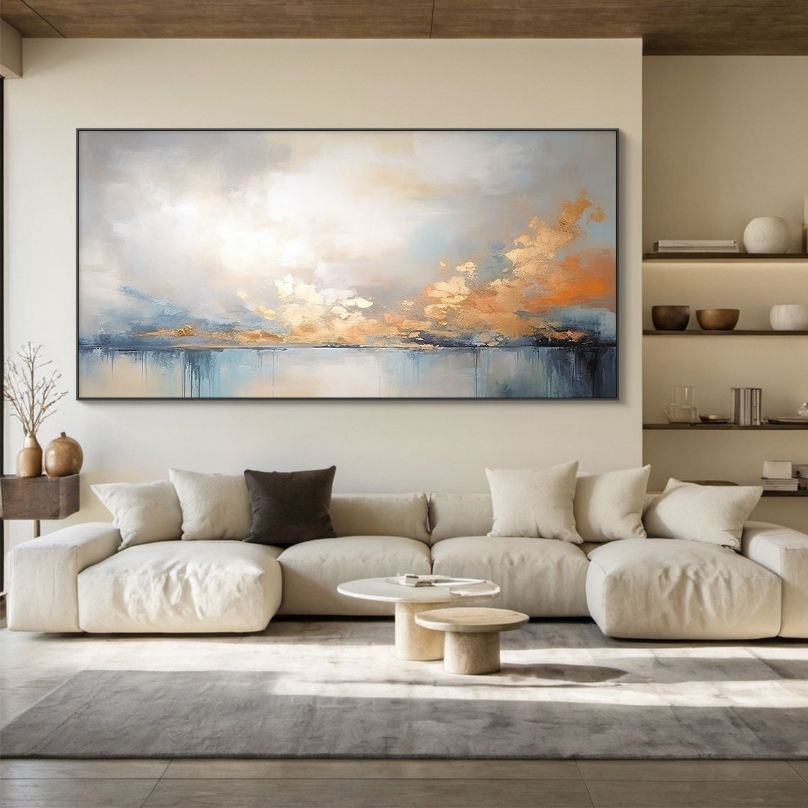 Gold and Blue Abstract Sunset Over Water Oil Painting Panoramic Poster - Image 5