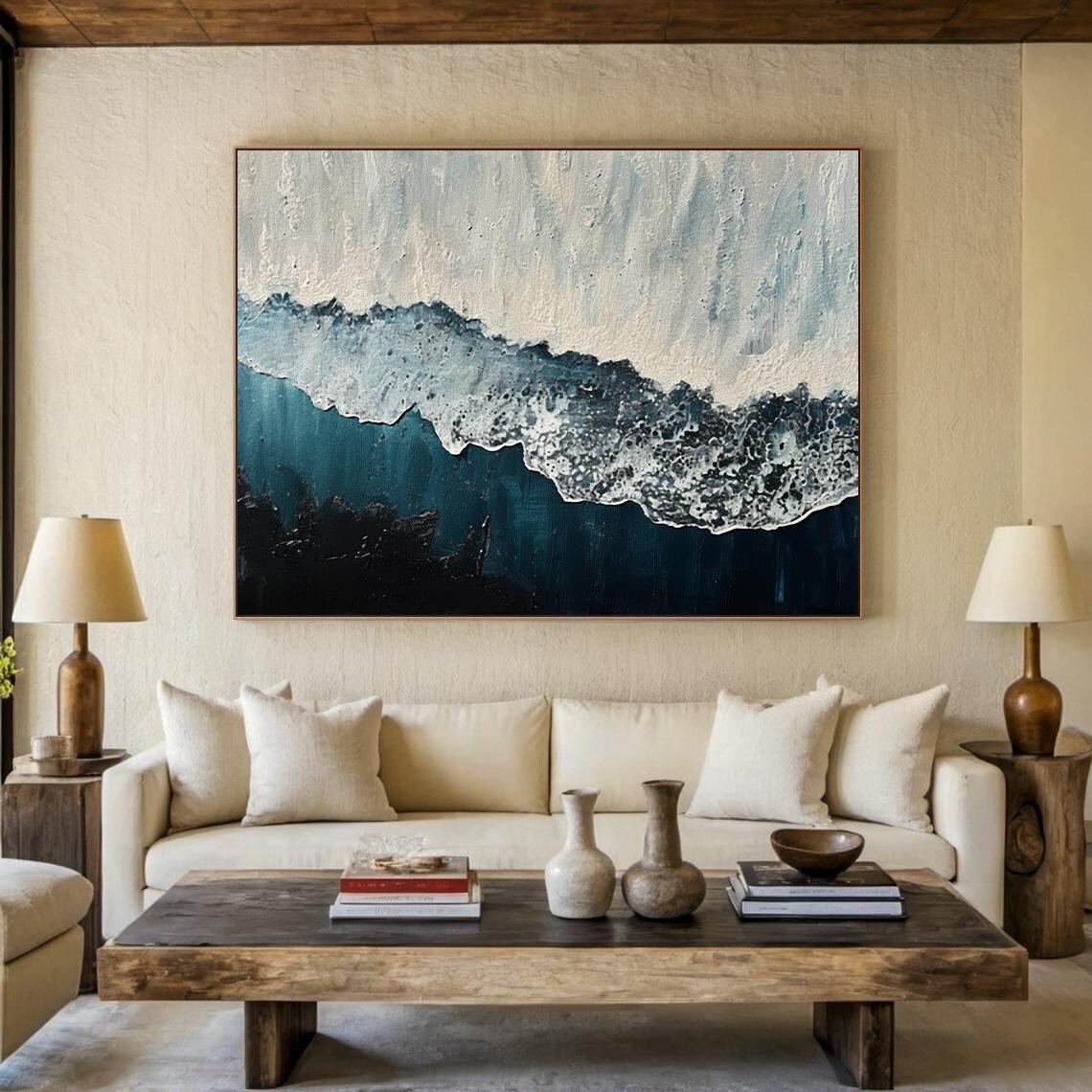 Dark Blue Ocean Aerial White Sand Shore Oil Painting Vertical Poster - Image 3