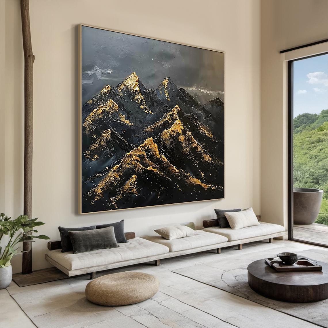 Large Black Abstract Mountains Oil Painting Gold Texture Painting Mountains Sunrise Landscape Painting Modern Nature Wall Decor - Image 4