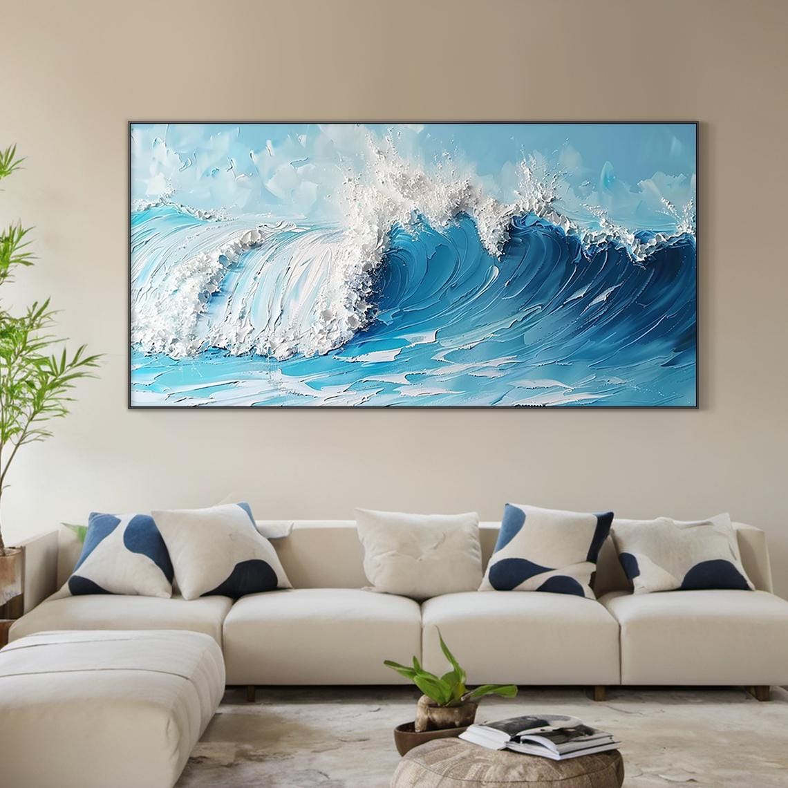 Blue Ocean Crashing Wave White Foam Impasto Textured Seascape Poster
