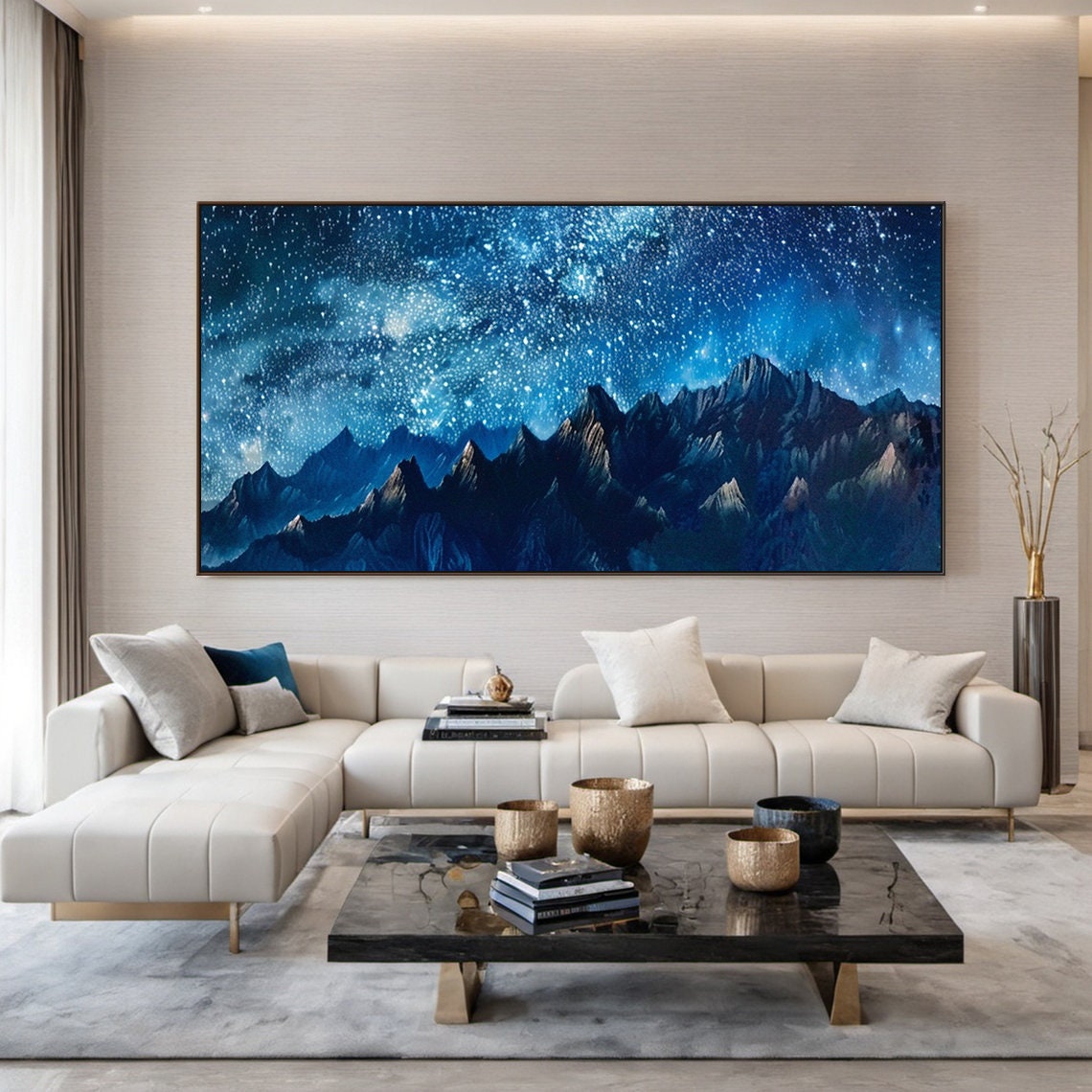 Starry Night Blue Mountain Peaks Night Sky Landscape Art Poster - Image 4