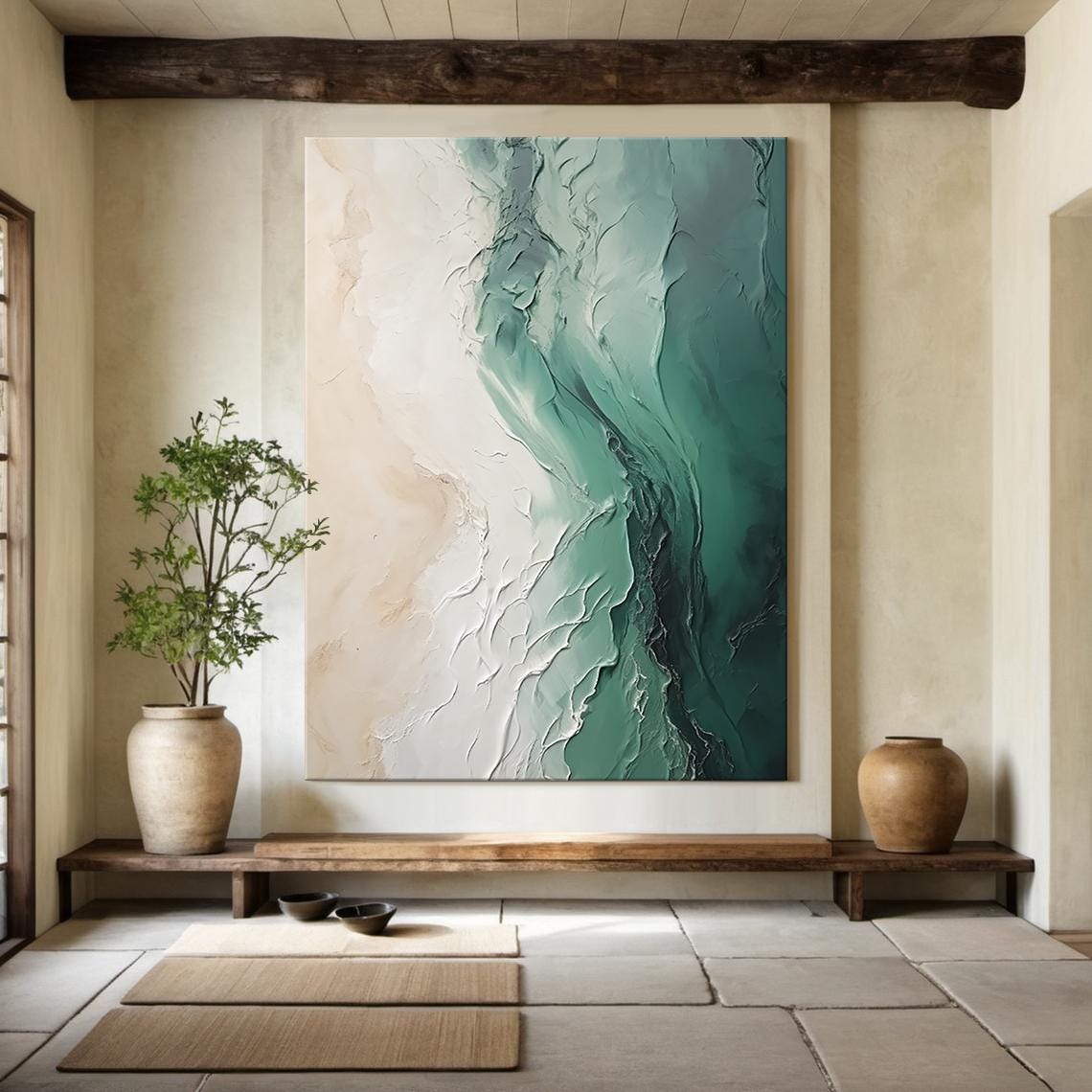 Minimalist 3d Wall Art Green And Beige Abstract Painting Nature Inspired Modern Design Sophisticated Home Interior Decoration