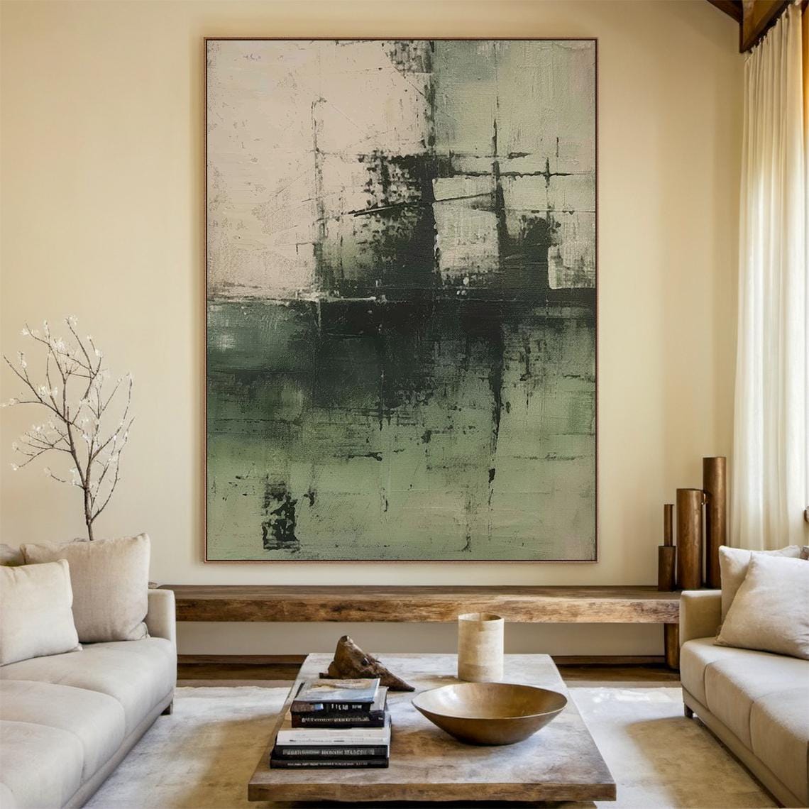 Dark Green Beige Abstract Painting Textured Blocks Modern Wall Art