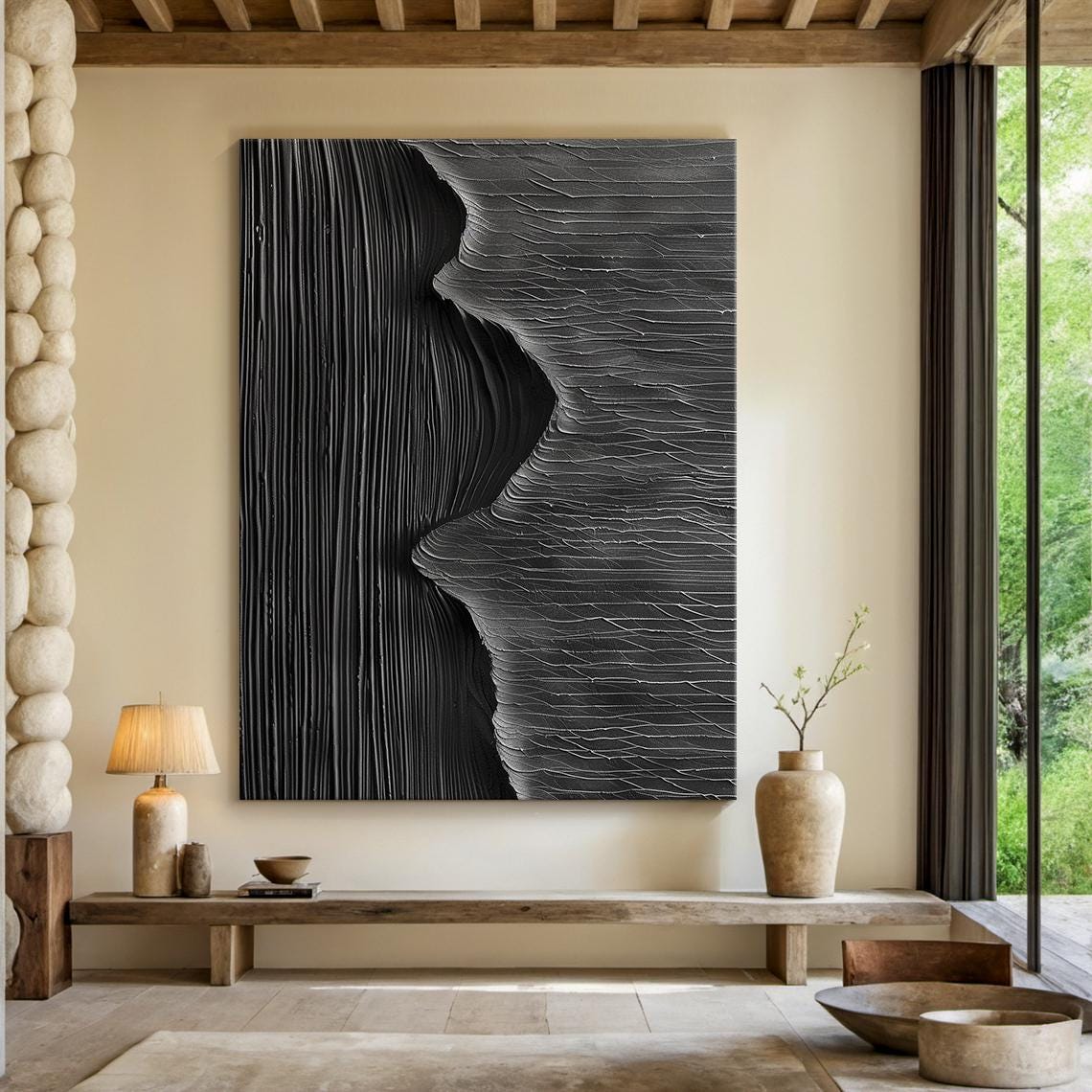 Black Carved Canyon Sculpture Abstract Dramatic Vertical Wall Art