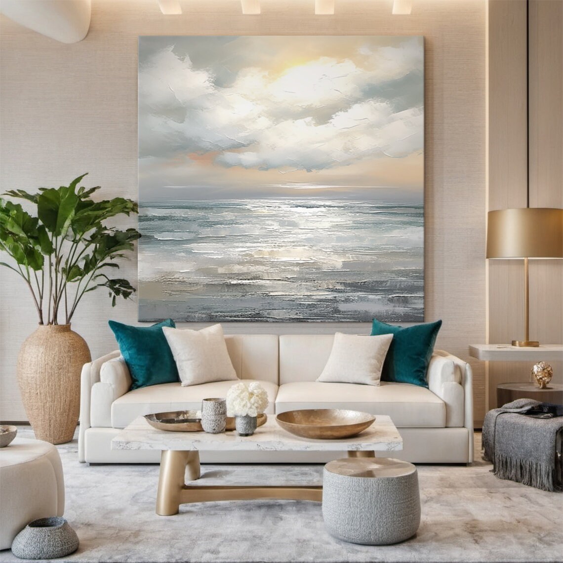 Golden Clouds Grey Teal Ocean Sunset Seascape Abstract Painting Poster - Image 2