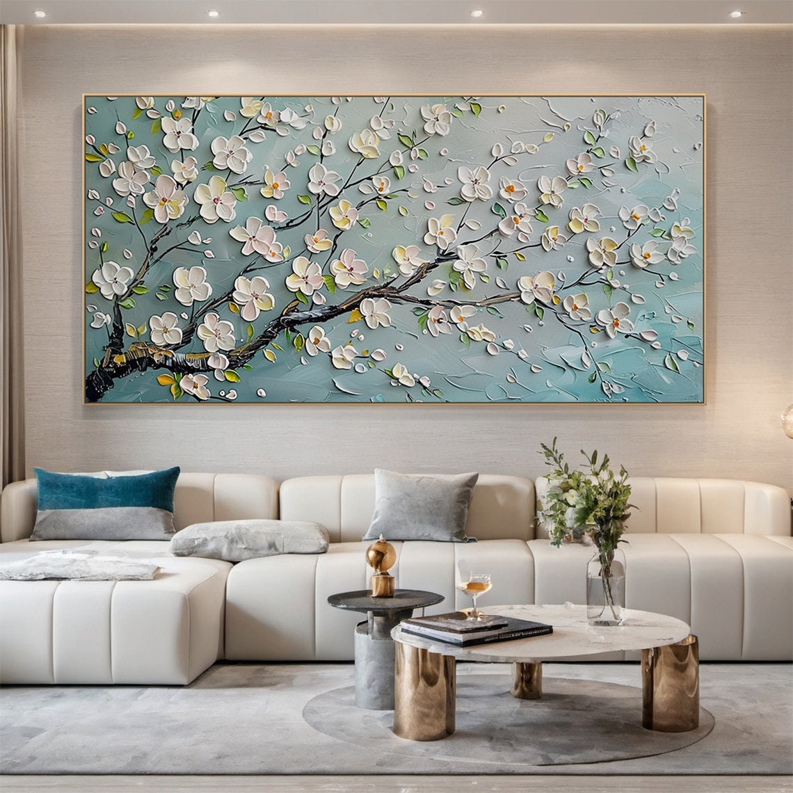 White Blossom Tree Panoramic Oil Painting Blue Grey Background Poster - Image 2