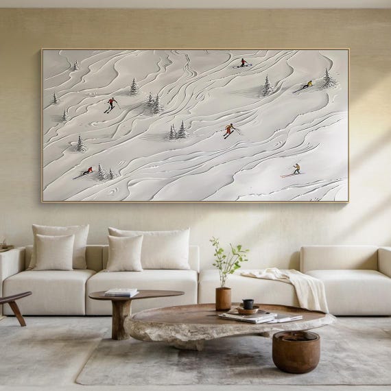 Light Grey Ski Decorative Painting Original Skier Gift Light Grey Abstract Ski Art Modern Living Room Wall Decor