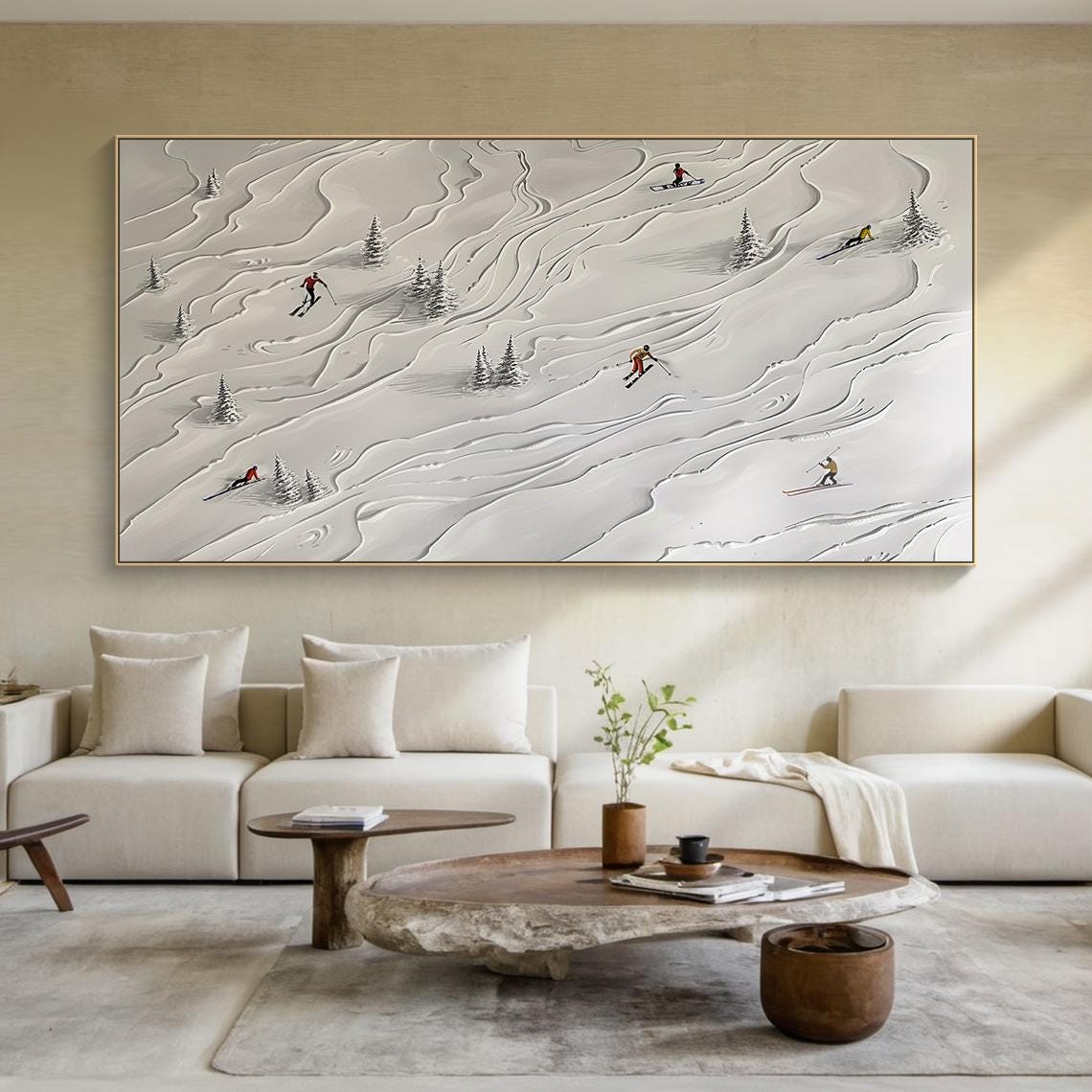 Light Grey Ski Decorative Painting Original Skier Gift Light Grey Abstract Ski Art Modern Living Room Wall Decor