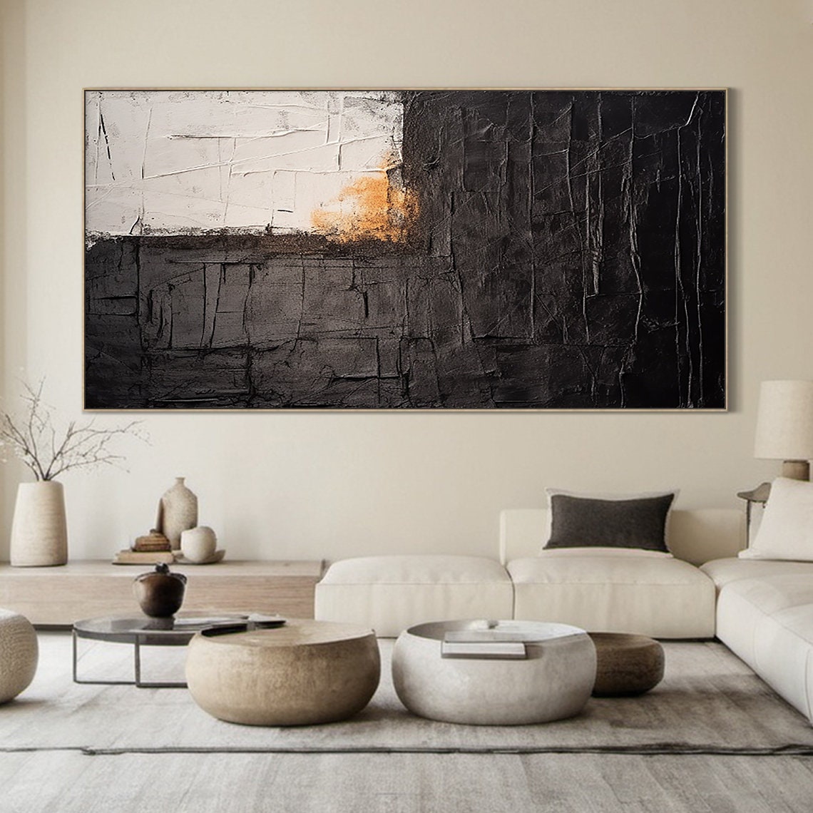Black White Abstract With Amber Block Textured Modern Art Poster - Image 6