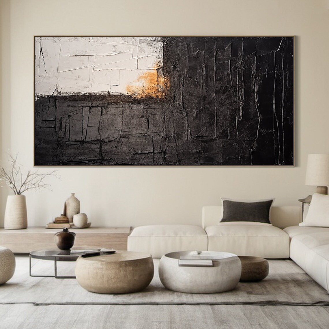 Large Black Abstract Painting Grey Wabi Sabi Style Wall Art Brown Accents Textured Hand Painted Modern Art Wall Decor - Image 6