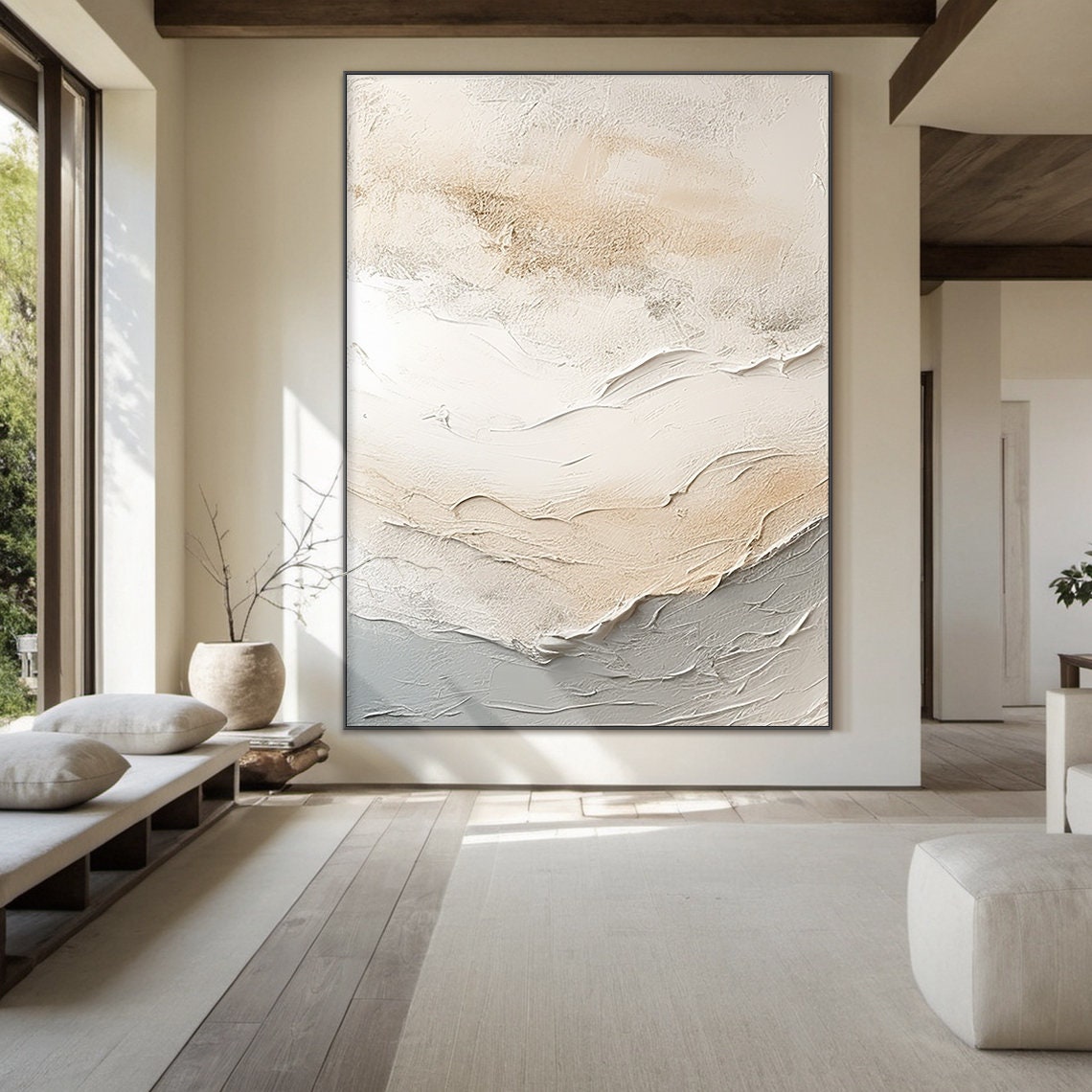 White Beige Grey Textured Impasto Abstract Ocean Wave Layers Wall Art