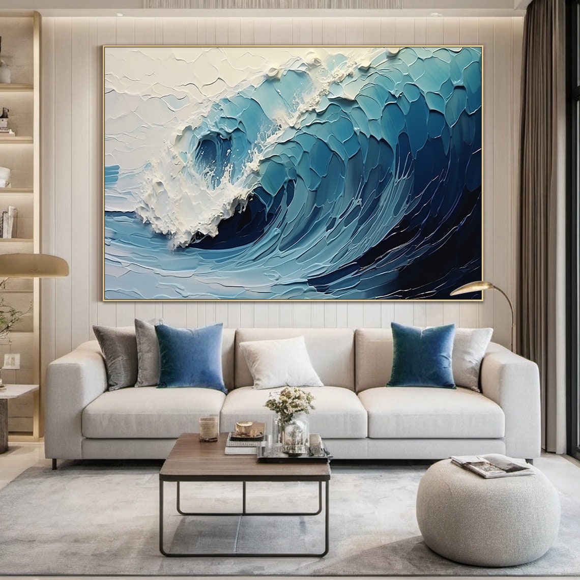 Deep Navy Blue Curling Wave White Foam Dramatic Ocean Painting Poster - Image 5