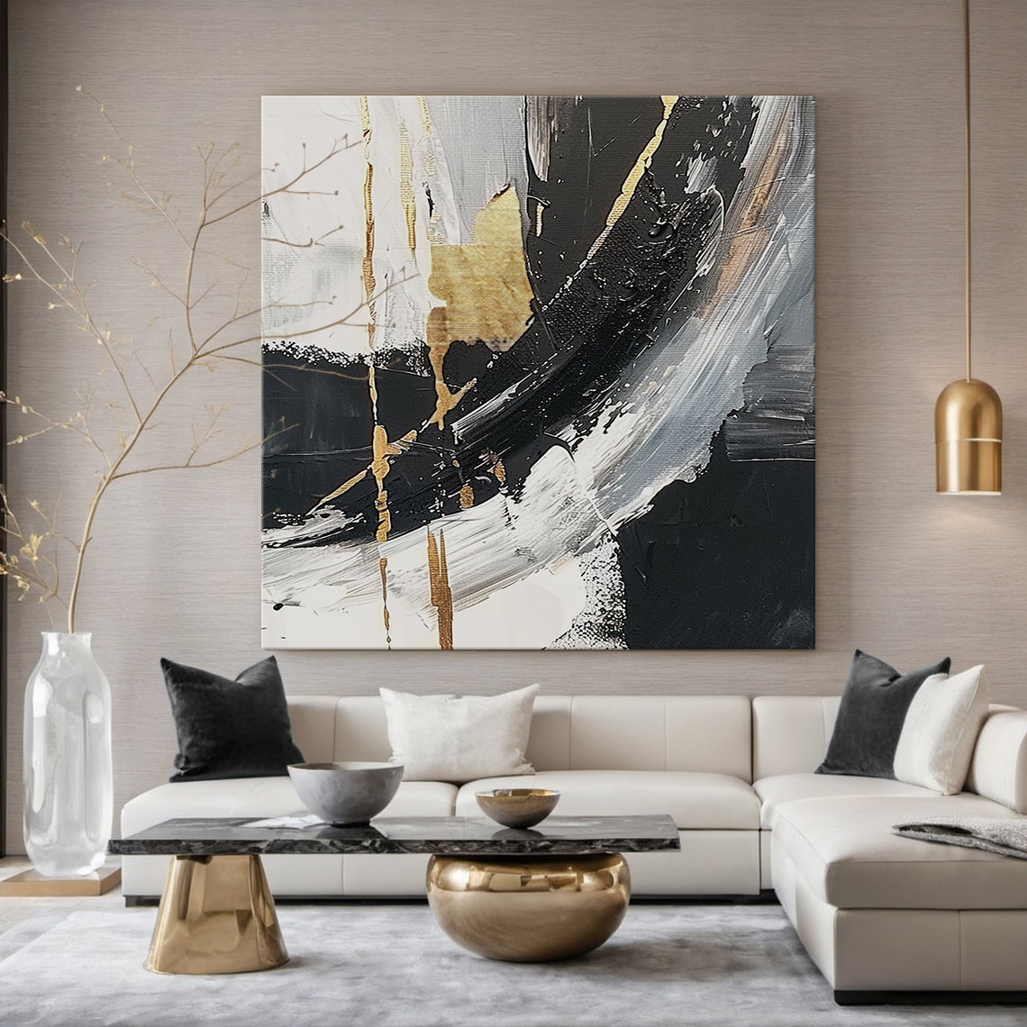 Black and White Abstract Oil Painting, Office Art Print - Image 6
