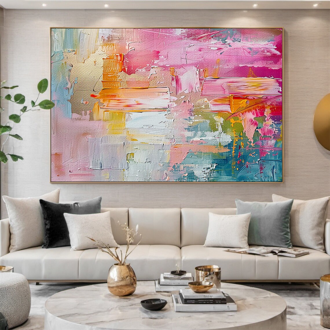 Pink Abstract Oil Painting, Modern Office Art Print - Image 3