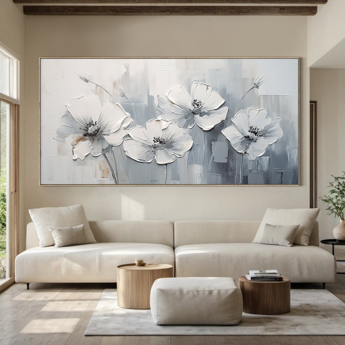 White Grey Floral Oil Painting Four Blossoms Panoramic Texture Poster - Image 2