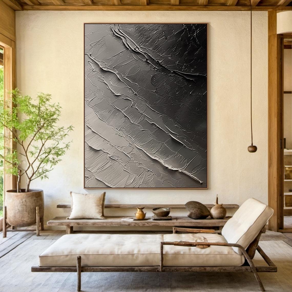 Grey Monochrome Diagonal Ridge Texture Abstract Moody Minimal Wall Art