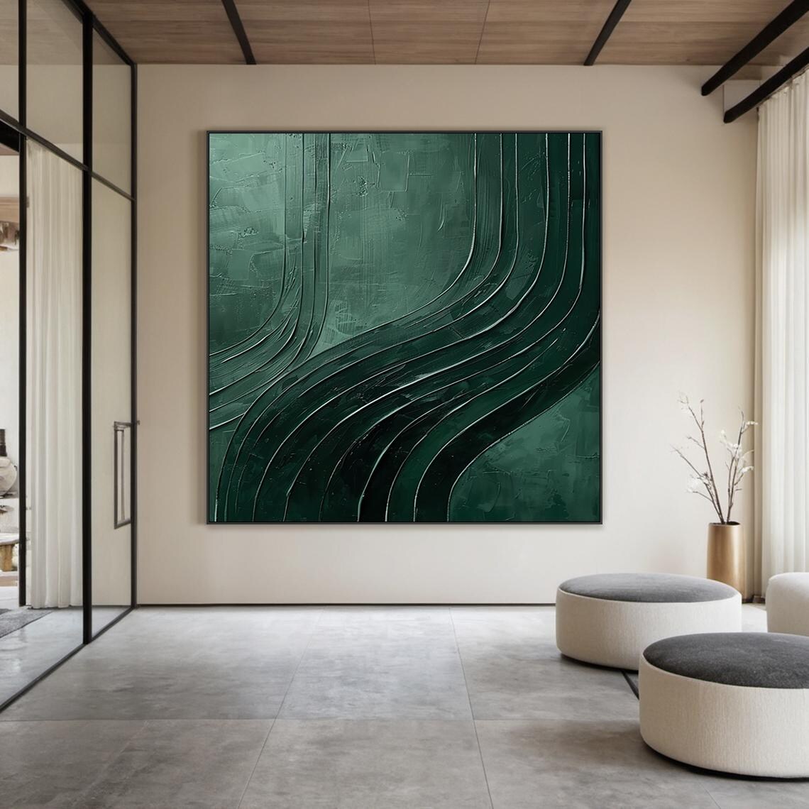 Emerald Green Flowing Curved Lines Minimal Abstract Living Room Poster - Image 3