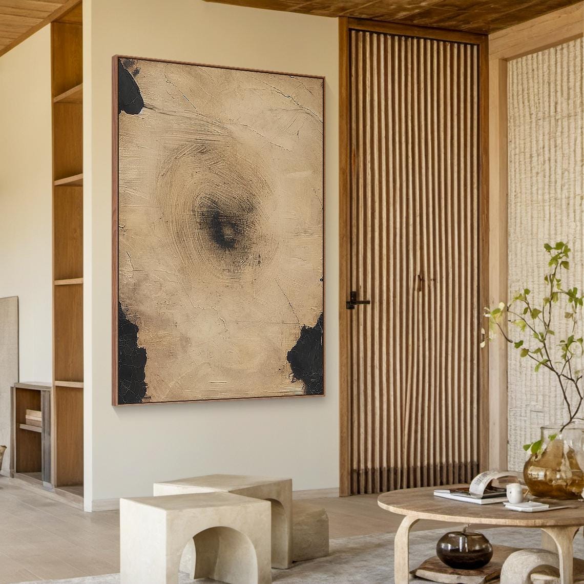Tan Brown Abstract Painting Circular Brushwork Black Modern Wall Art - Image 2