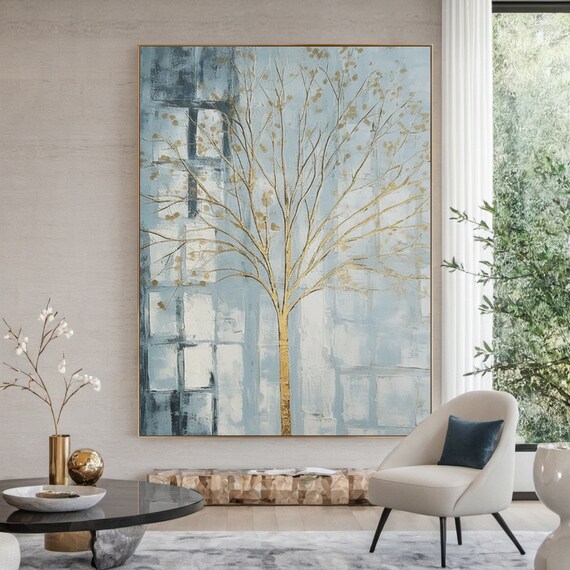 Large Original Blue Forest Painting 3d Abstract Texture Wall Painting Modern Living Room Art Natural Landscape Painting