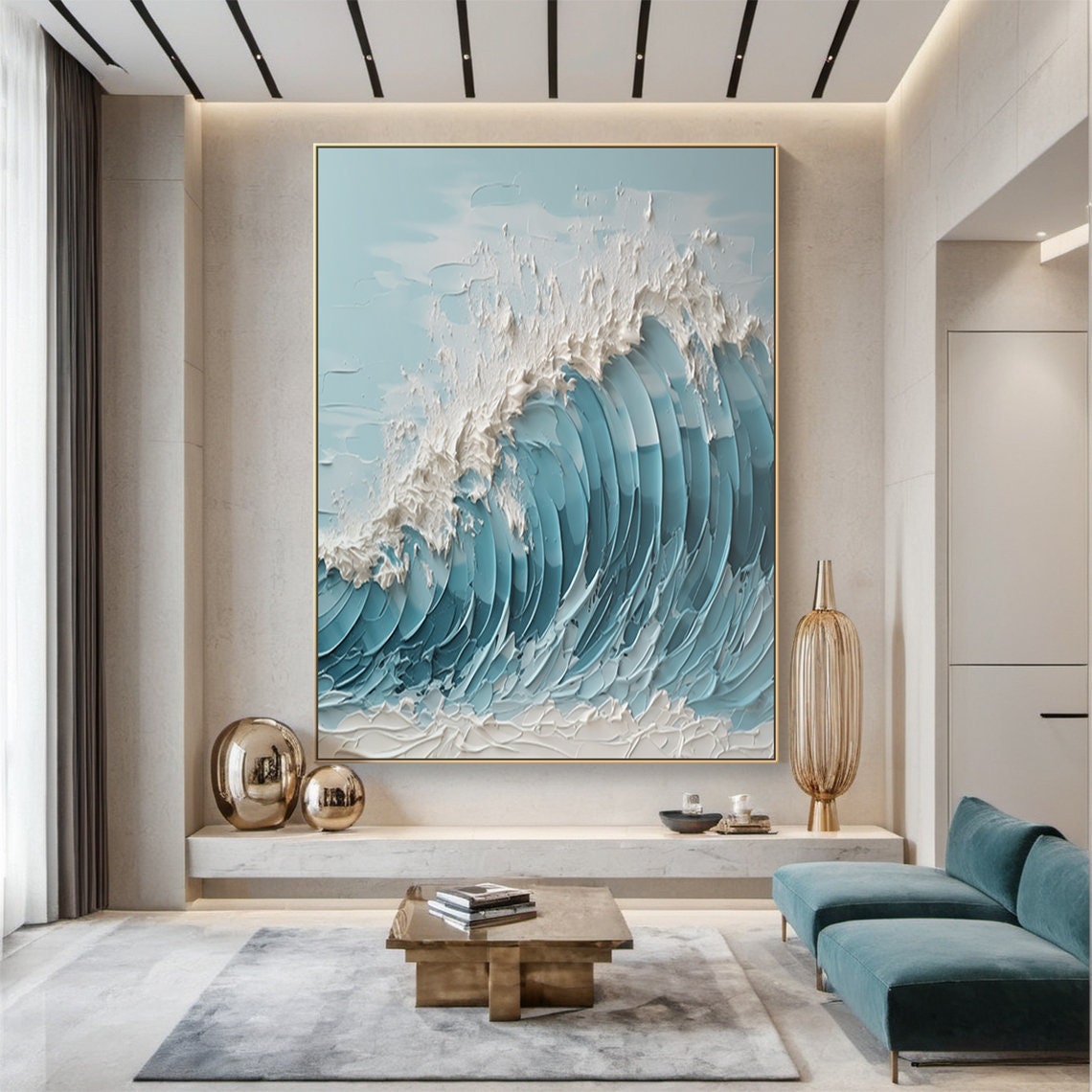 Turquoise Curling Wave White Foam 3D Texture Ocean Painting Wall Art - Image 3