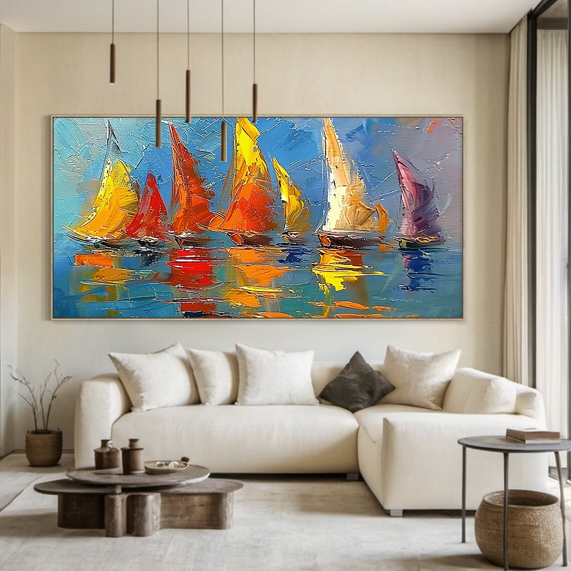 Colorful Sailboats On Blue Water Impasto Regatta Seascape Poster - Image 5