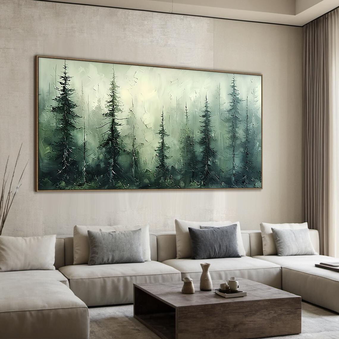 Tall Green Pine Trees Misty Forest Oil Style Nature Living Room Poster - Image 4
