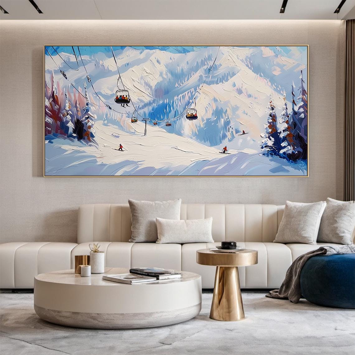 Original 3d Ski Sport Art Blue White Textured Wall Art Skier Gift White Skis And Cable Car Painting Modern Skier Painting - Image 2