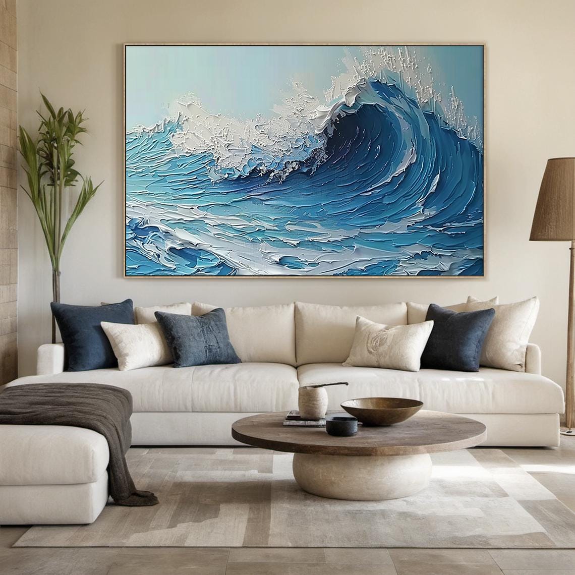 Deep Blue Barrel Wave Impasto Textured Powerful Ocean Wall Art - Image 3