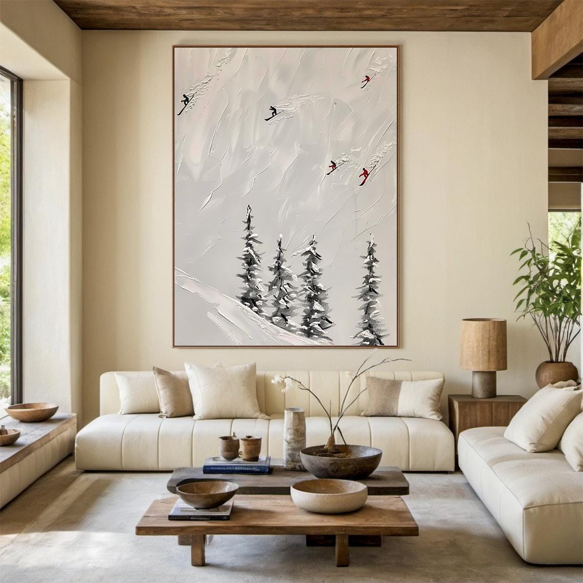 Beige Ski Oil Painting Decoration Painting Original Skier Gift Beige Abstract Ski Art Modern Home Wall Decoration - Image 4