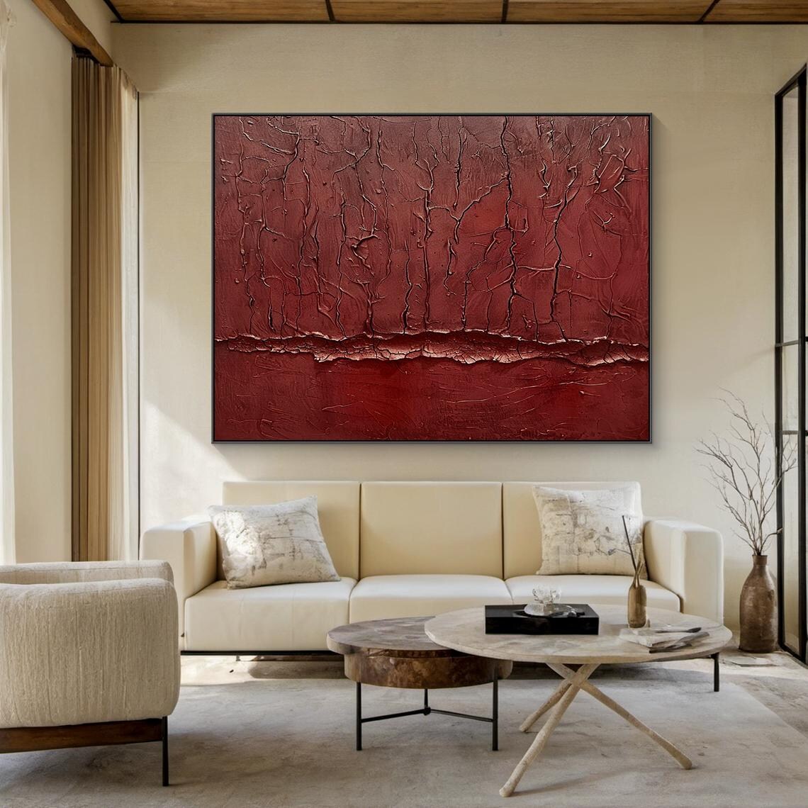 Wine Red Cracked Texture Abstract Impasto Moody Large Living Room Poster - Image 5
