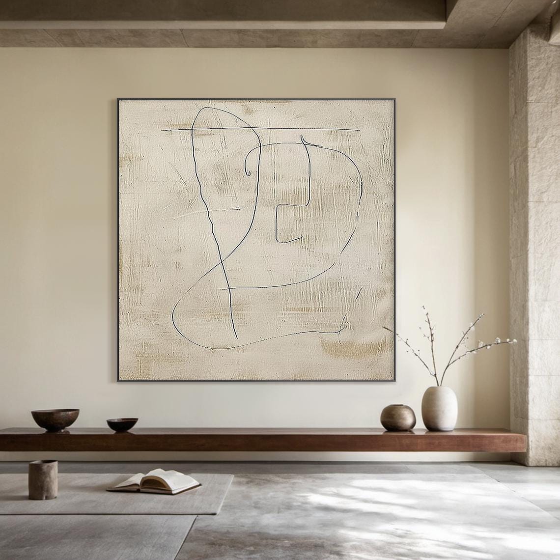 Beige Minimalist Abstract Line Art Textured Canvas Contemporary Poster - Image 2