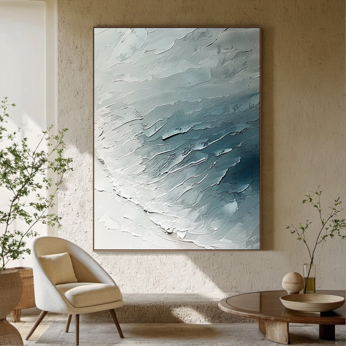 White Blue Wave Abstract Minimalist Textured Sculptural Art Poster