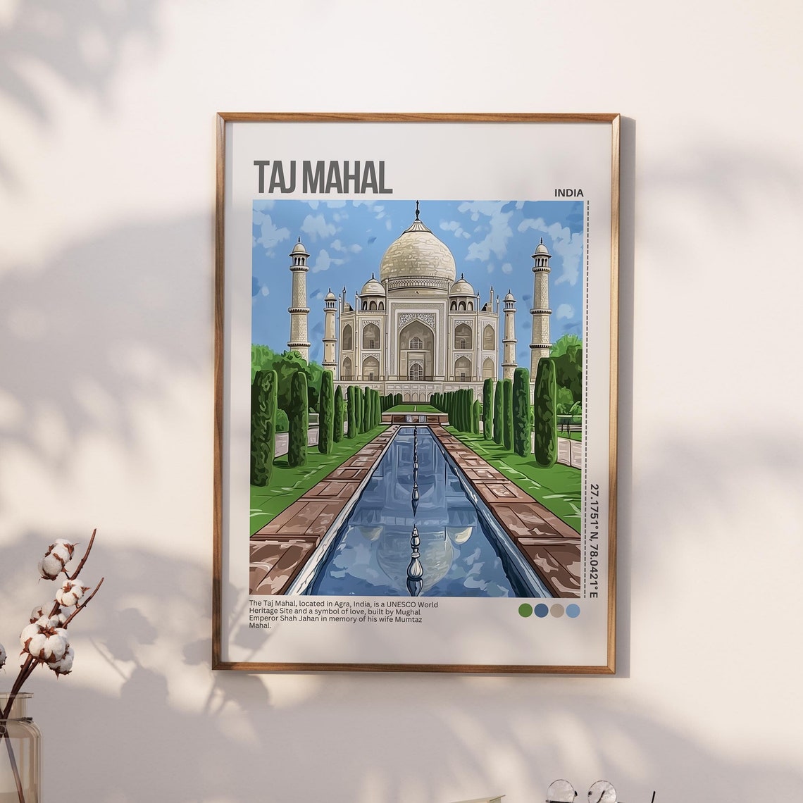 Taj Mahal Agra India Reflecting Pool Bright Daytime Travel Poster