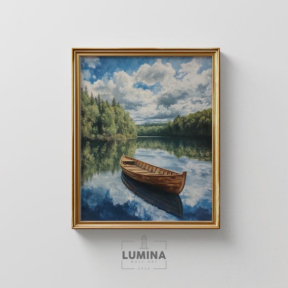 Tranquil Lake With Wooden Boat Rustic Summer Painting Nature Reflection Scene Moody Water Landscape Wall Art 239