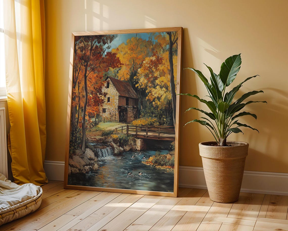 Old Autumn Watermill Riverside Stone Mill Waterfall Art Poster