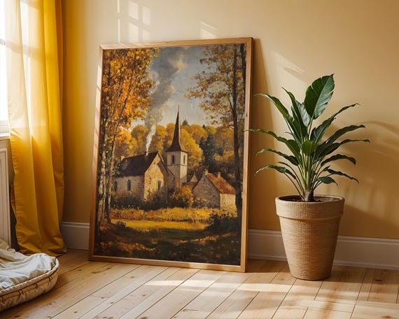 Village Church In Autumn Glow Quaint Countryside Chapel Rustic Fall Landscape Warm Golden Light Vintage Wall Art 30