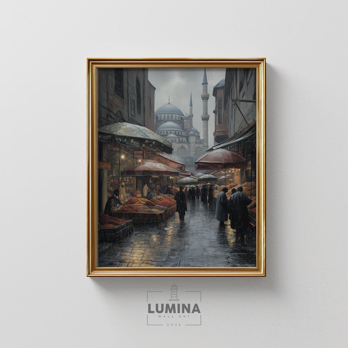 Istanbul Grand Bazaar Rainy Market Street Mosque Scene Poster