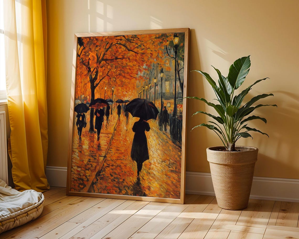 Rainy Autumn City Street Umbrellas Romantic Fall Painting Poster
