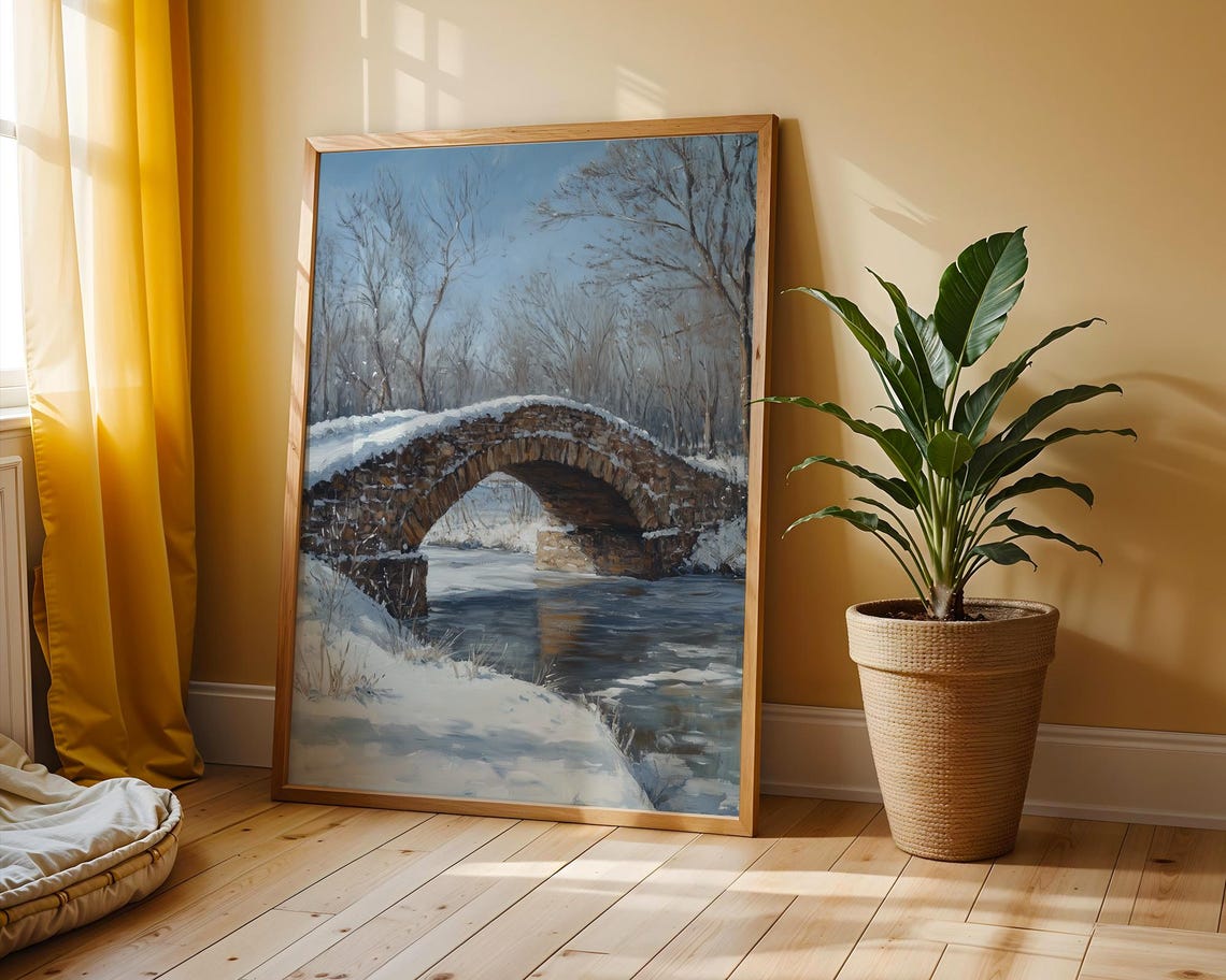 Snowy Stone Bridge Over Frozen River Peaceful Winter Landscape Poster