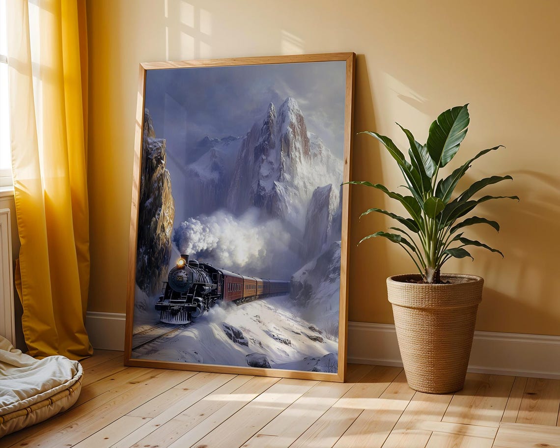 Vintage Steam Train Journey Through Snowy Mountains Winter Poster