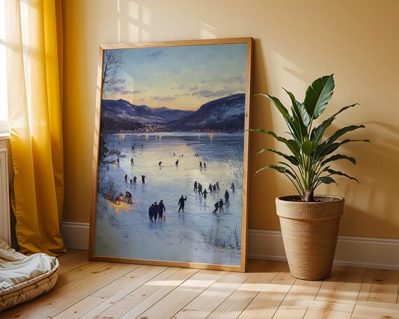 Frozen Lake Ice Skaters at Dusk Moody Winter Mountains Painting Poster