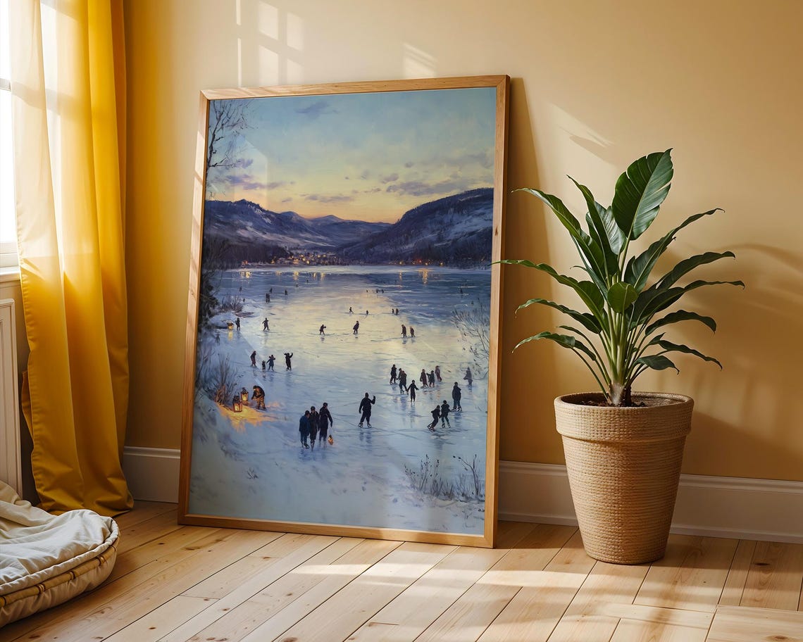 Frozen Lake Ice Skaters at Dusk Moody Winter Mountains Painting Poster