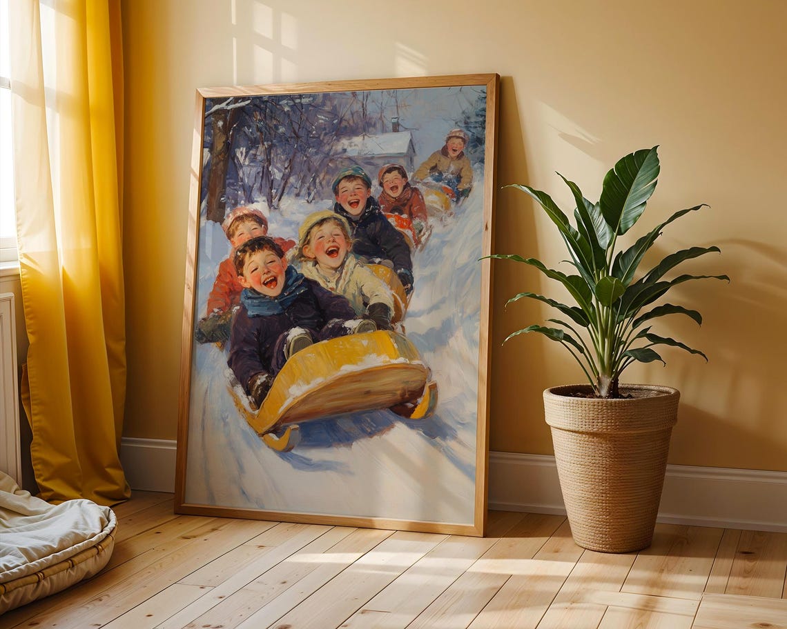 Laughing Children Sledding Down Snowy Hill Vintage Winter Poster