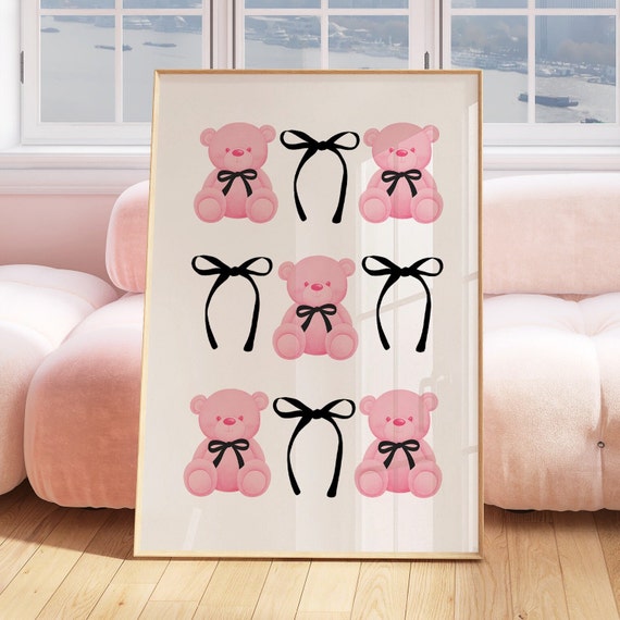 Pink Teddy Bears With Black Bows Coquette Cute Nursery Art Poster